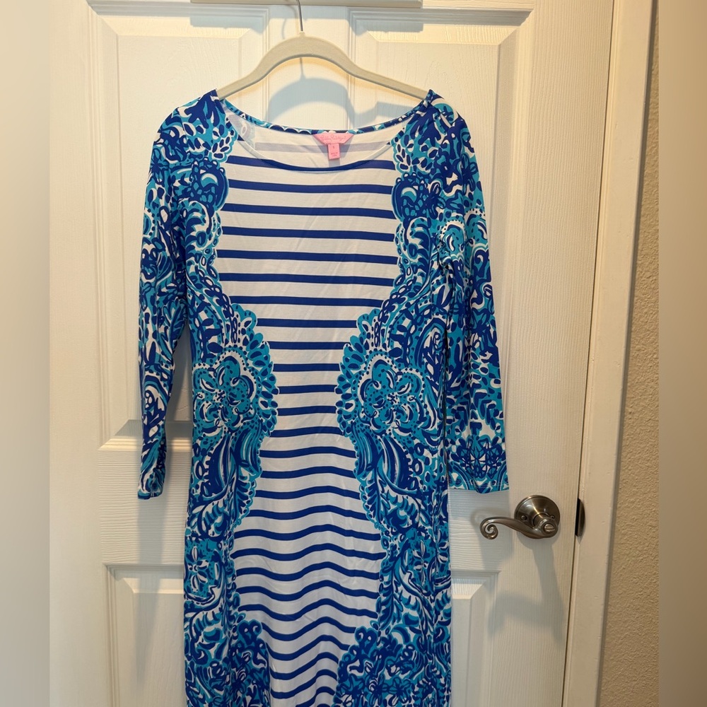 Lilly Pulitzer Nila Blue and White Patterned Long Sleeve Dress